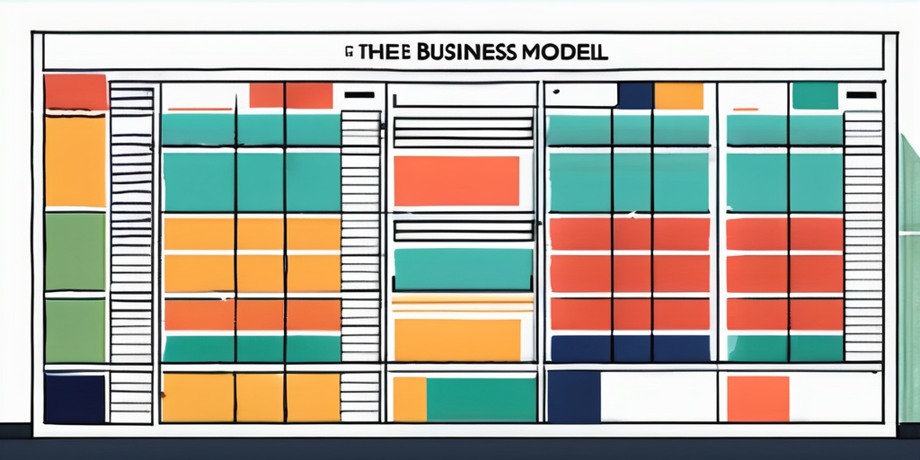 Bunte Business Model Canvas mit Segmenten wie Schluesselpartner, Aktivitaeten, Werteversprechen und Kundensegmente.