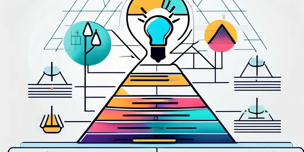 Mehrstufiges Finanzdiagramm mit Risikomanagement, Glühbirnen- und Häkchen-Icons, geometrisches Hintergrundmuster.