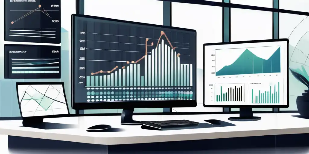 Moderner Bueroarbeitsplatz mit Diagrammen und Graphen auf Bildschirm und Laptop mit Datendashboard.