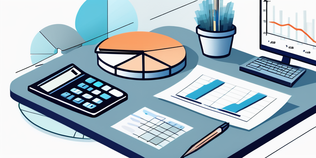 Sauberes Buero mit Taschenrechner, Tortendiagramm und Finanzdokumenten auf dem Schreibtisch, symbolisiert Finanzplanung und Berechnung.