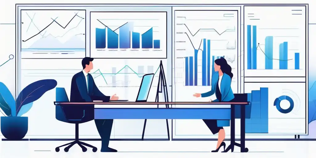 Professional office with financial charts, graphs, and handshake symbolizing partnership and growth.