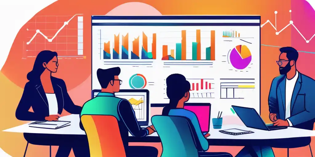 Vielfaeltige Fachleute arbeiten zusammen an innovativer Crowdfunding-Projektplanung mit bunten Diagrammen und digitalen Geraeten.