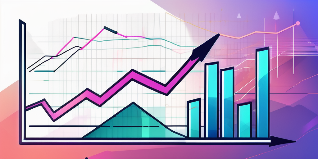 Graph mit steigender Trendlinie vor Hintergrund aus Finanzsymbolen, leuchtende Farben betonen Erfolg und Wachstum.