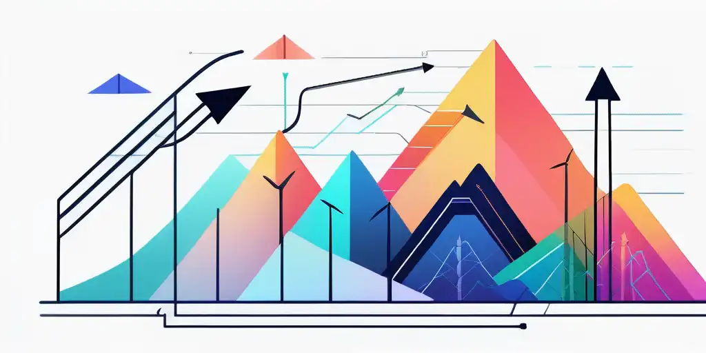 Vielseitige dynamische Collage innovativer Projekte mit aufsteigenden Trendpfeilen, symbolisiert Wachstum und Fortschritt der Finanzierung.