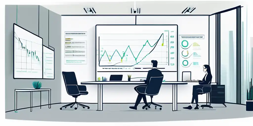 Modernes Buero in der Schweiz mit innovativen Finanzstrategien fuer Startups, Menschen im Teamwork und Whiteboard mit Grafiken und Diagrammen.