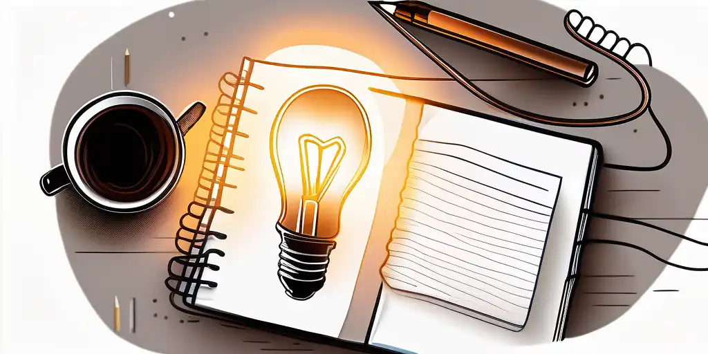 Glowing light bulb on open notebook with coffee mugs and pens symbolizing brainstorming in cozy office.