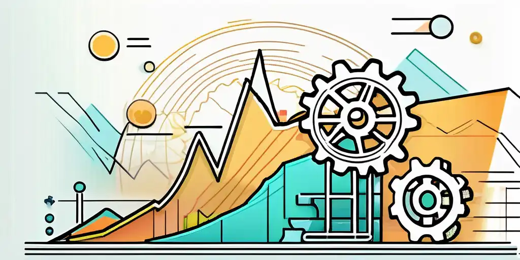 Interagierte Zahnrader und Waehrungssymbole veranschaulichen Crowdfunding-Strategien, ein aufwaerts gerichtetes Diagramm zeigt finanzielles Wachstum und Innovation.