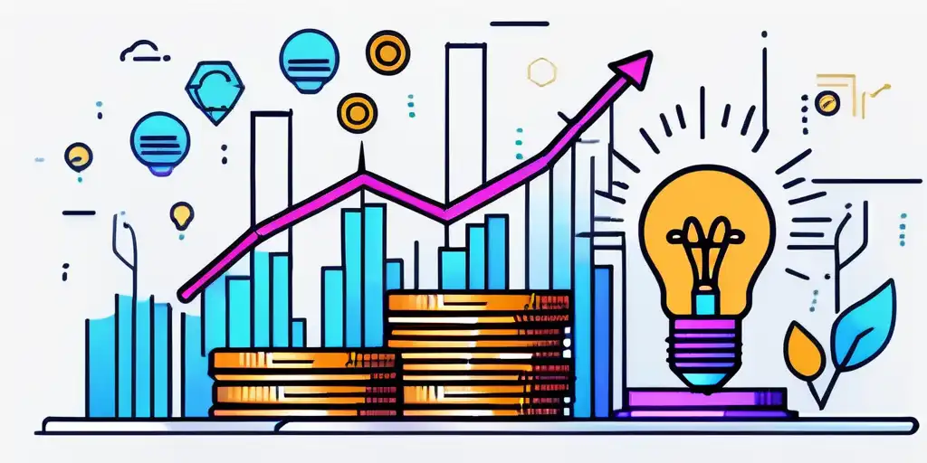 Bar graph wachstum mit muenzen und gluehbirnen symbole fuer innovative finanzstrategien.