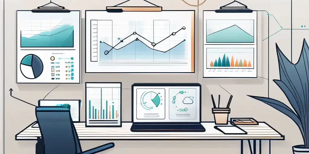 Bildbeschreibung: Dynamischer Arbeitsplatz mit Charts, visuelle Brainstorming-Tools, Konzeptkarten und Diagramme.