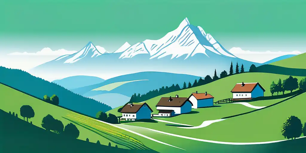 Schweizer Landschaft mit gruenen Huegeln, alpinen Haeusern und blauem Himmel, die den Gemeinschaftsgeist Schweizer Genossenschaften symbolisiert.