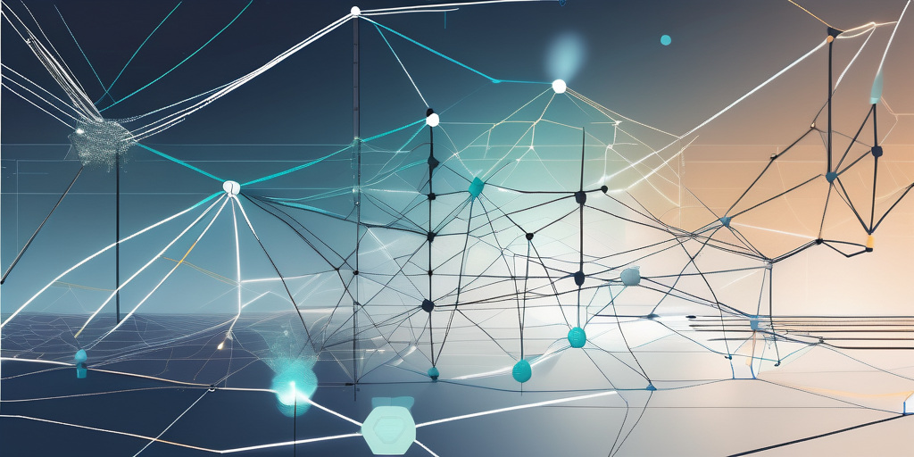 Futuristic digital environment with interconnected nodes representing DAOs and innovative organizational structures.