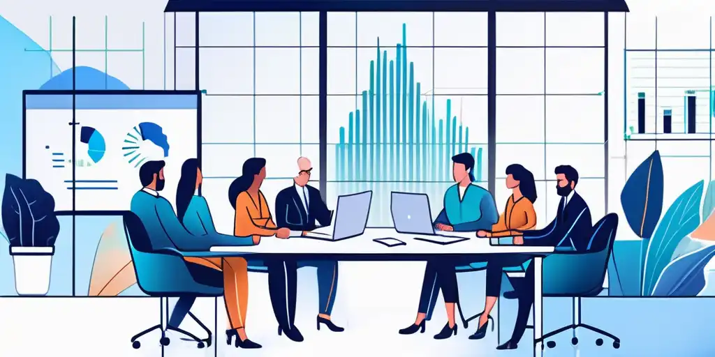 Gruppe von Profis bei der Zusammenarbeit umgeben von Finanzdiagrammen und Dokumenten, Symbol fuer Teamarbeit und strategische Planung.